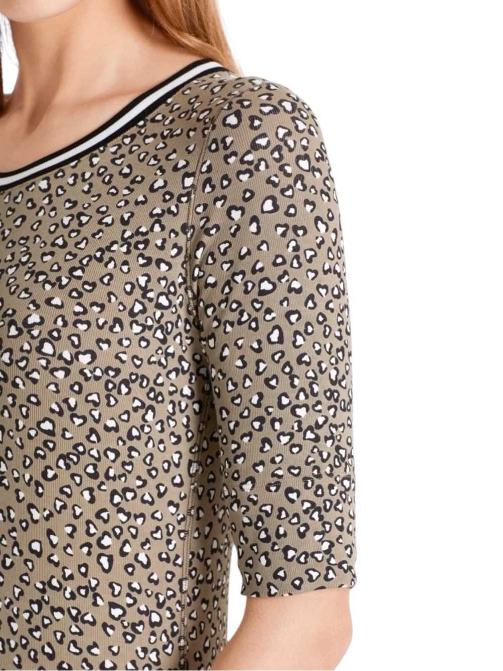 Marc Cain Beige Leopard-Print Short Sleeve Top with Black & White Trim